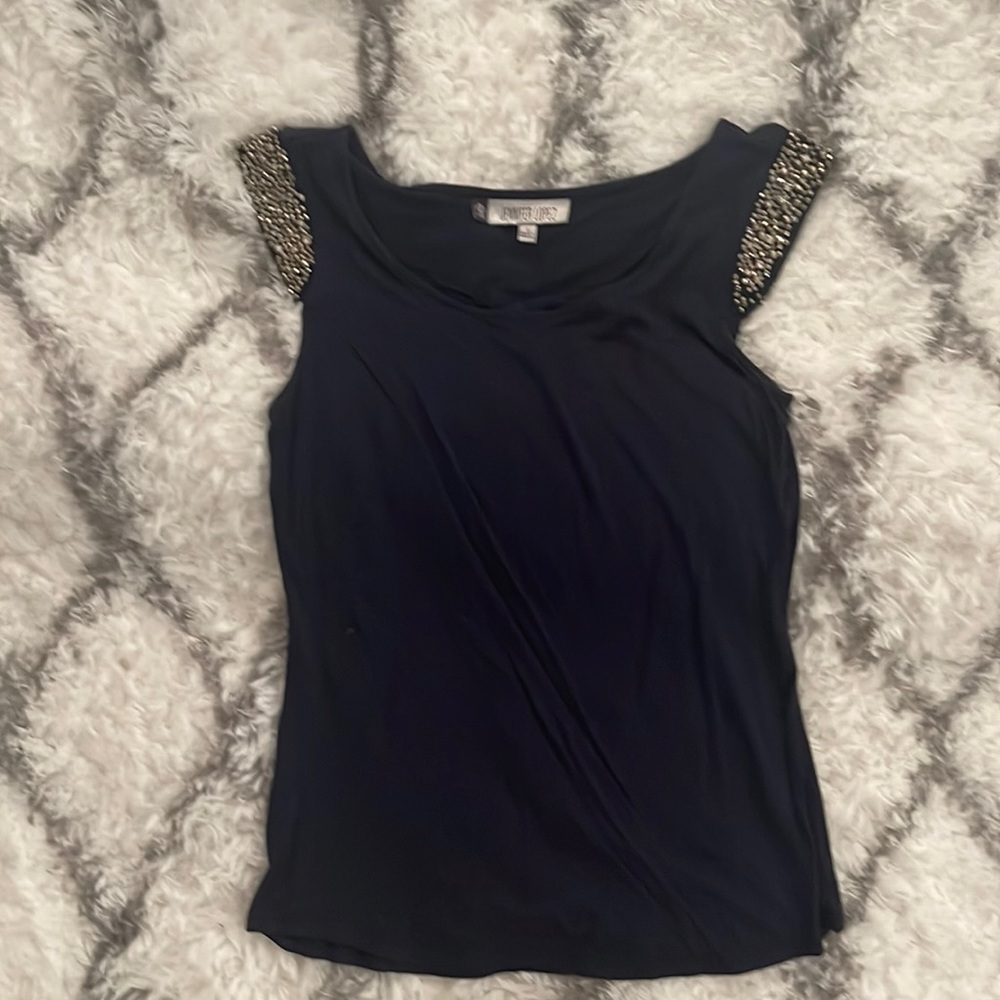 Jennifer Lopez navy blue tee w/ gorgeous embroidered shoulders.